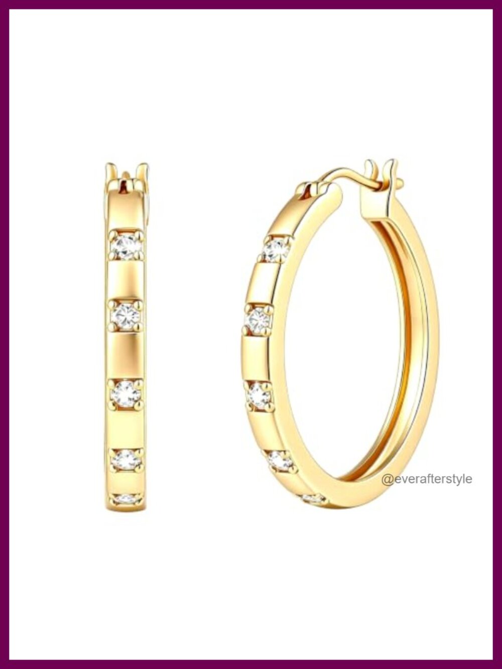 14k Gold Huggie Hoops Cubic Zirconia Inlaid Click Closure Lightweight